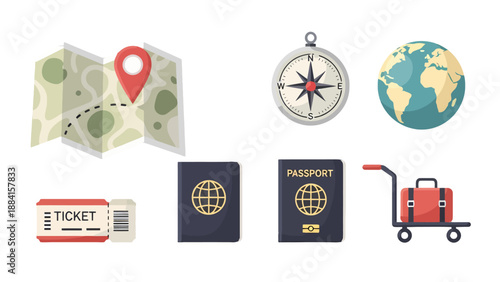 Colorful flat vector travel icons set featuring map compass globe tickets passports and luggage.