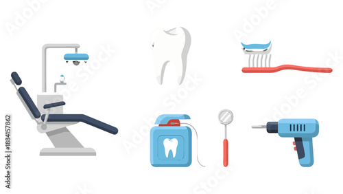 Flat design dental care set chair tooth toothbrush floss mirror drill.