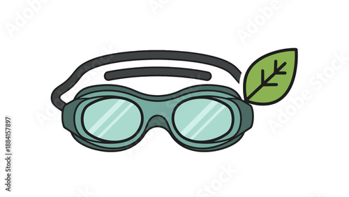 Cartoon swimming goggles with a green leaf teal frame and light blue lenses.