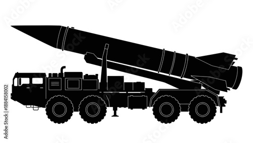 A black silhouette of a missile launcher on a truck against a white background