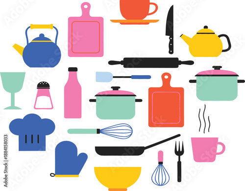 Large set of colorful kitchen utensils and cooking equipment vector icons featuring pots pans kettle and chef hat isolated on white background for culinary designs.