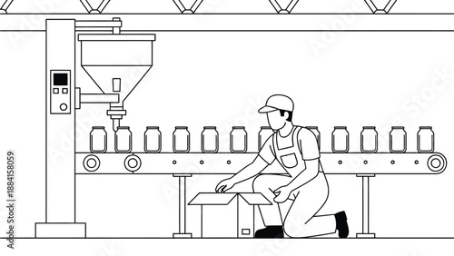 A factory worker packing products on a conveyor belt in a manufacturing plant