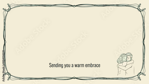 Warm embrace illustration for Hug Day postcard design featuring affectionate couple in cozy embrace, sentiment sending warmth and love.
