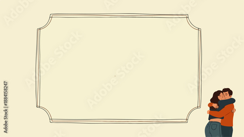 Couple hugging in empty frame for Hug Day postcard design. Embracing couple illustration with soft colors creates warm atmosphere for heartfelt messages.