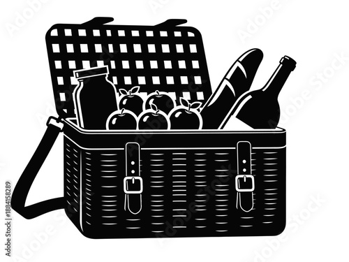 A charming black and white vector design of a classic wicker picnic basket filled with a baguette, wine, and apples, featuring a checkered interior and sturdy straps for a perfect outdoor meal
