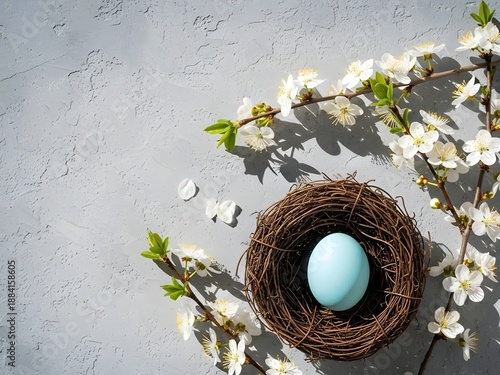Pastel Easter Eggs in Nest with Cherry Blossoms on Grey Concrete