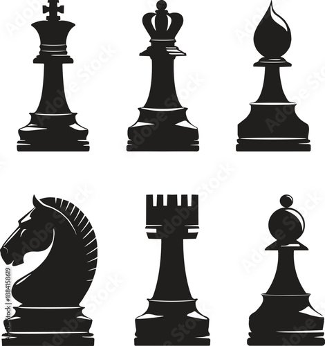 Collection of six distinct black and white chess pieces illustrating classic strategy game components