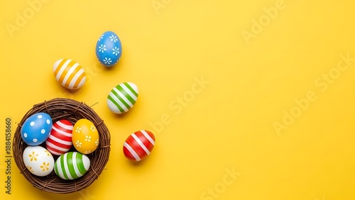 Vibrant Easter Flat Lay: Colorful Patterned Eggs in Wicker Nest on Yellow Paper Background with Copy Space