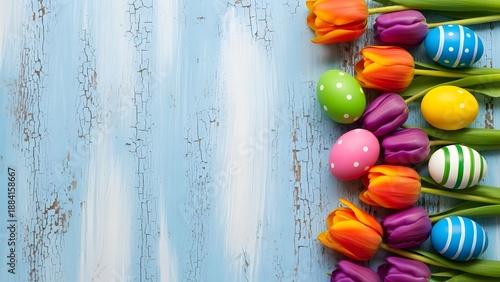 Vibrant Spring Flat Lay: Colorful Tulips and Easter Eggs on Light Blue Wooden Background with Copy Space