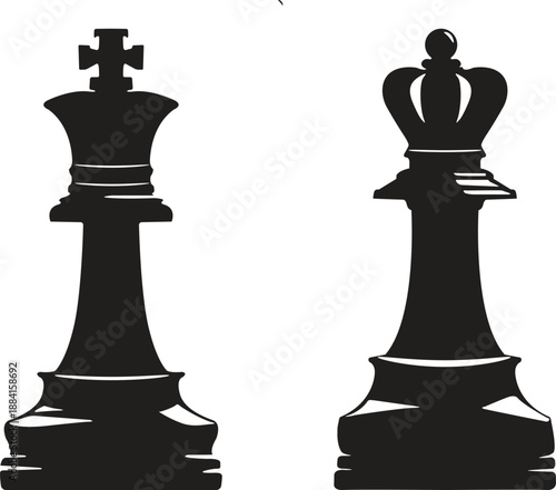 Silhouetted black chess king and queen pieces standing ready for a strategic board game