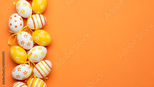 Vibrant Orange Easter Flat Lay: Patterned Eggs Border on Orange Background with Copy Space