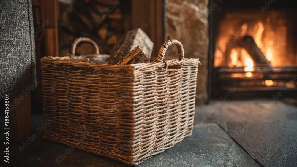 Obraz premium A woven wicker basket filled with firewood sits on a stone hearth beside a crackling fireplace. Concept Cozy fireplace, Wicker basket, Firewood stack, Rustic decor, Crackling flames