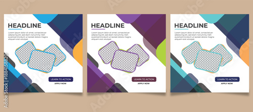 Business promotion square posts with headline and apply now button, modern social media ad templates with abstract shapes and image frames, versatile marketing content