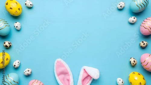 Pastel Easter Flat Lay with Bunny Ears, Patterned Eggs, and Central Copy Space on Blue Background
