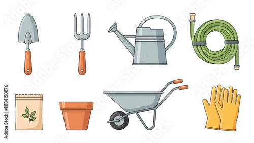 Illustrated gardening essentials hand trowel fork watering can hose seed packet terracotta pot wheelbarrow and gloves.