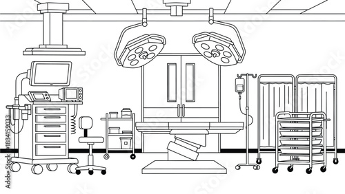 A detailed illustration of a modern operating room with medical equipment