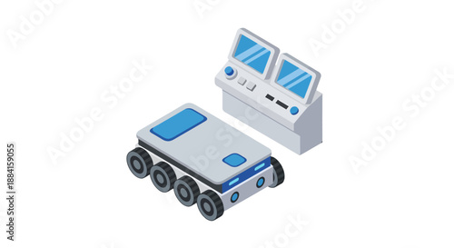 Isometric Robotic Rover and Control Panel with Blue Screens Flat Design.