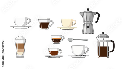Illustrative set of coffee cups espresso latte Moka pot and French press with spoon.
