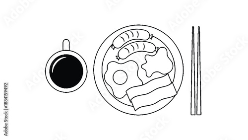 A simple line drawing of a breakfast meal with coffee and chopsticks