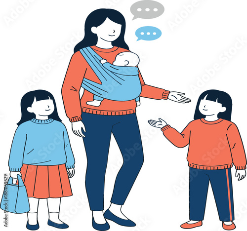 Mother character carrying sleeping newborn baby in a sling while walking and talking with two young daughters isolated on white background.