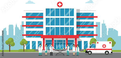 Modern hospital building exterior with medical staff doctors and nurses standing near ambulance and patient on stretcher for healthcare emergency services.
