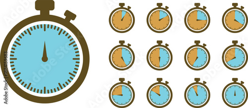 Collection of stopwatch icons illustrating various time intervals and measurement processes clearly shown