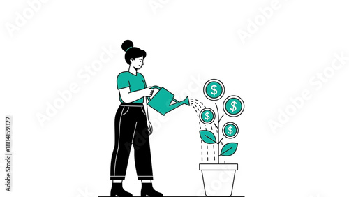A minimalist vector illustration of a woman watering a plant with dollar coins