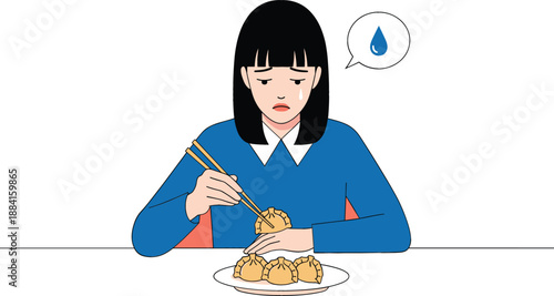 Sad and lonely young woman crying while eating gyoza dumplings with chopsticks alone at a table isolated on white background.