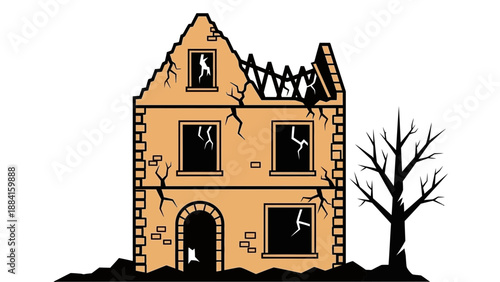 A damaged house with a bare tree in a desolate landscape as a vector graphic