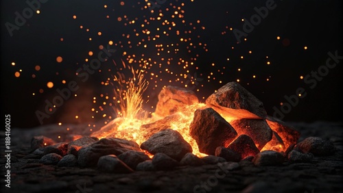 3D Burning embers glowing. Fire Glowing Particles on Black Background
