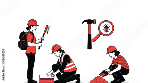 A team of pest control workers preparing for an extermination job with tools