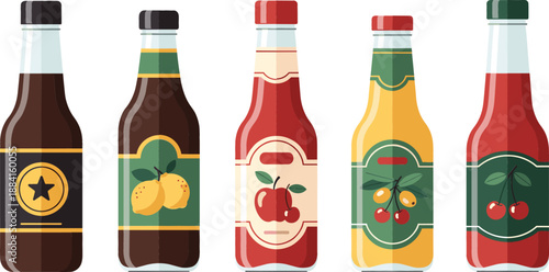 Set of assorted condiment glass bottles including tomato ketchup chili sauce soy sauce and mustard for kitchen cooking and food flavoring.