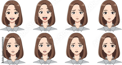 Set of beautiful anime girl characters with diverse facial expressions including happy surprised sad angry and confused for social media avatars and stickers.