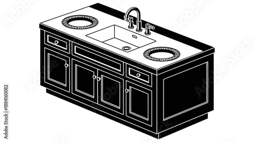 A modern double sink vanity with cabinet and drawers in a minimalist design