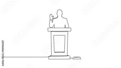 Speaker at a podium giving a speech in a conference hall from a front viewpoint