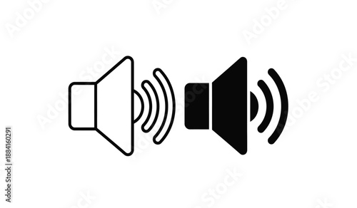 Black and white speaker icons with sound waves on a pure