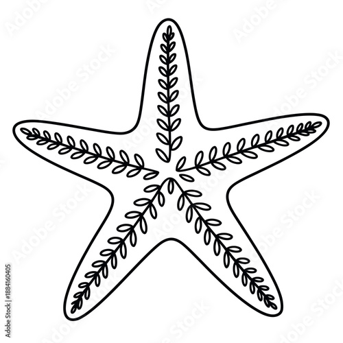 Detailed line art illustration of a five-pointed starfish featuring decorative leafy patterns inside.