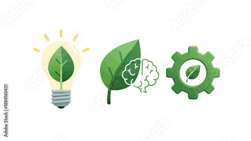 Vibrant green ecofriendly icons lightbulb with leaf leaf with brain and gear with leaf symbolizing sustainable innovation.