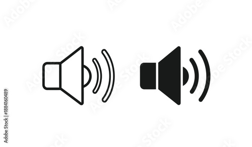 Black and white speaker icons with sound waves on a pure