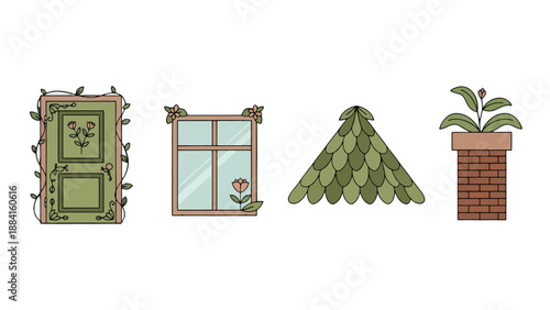 Whimsical handdrawn house elements green door window roof and chimney with plants and flowers.