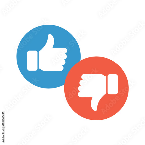 Thumbs up and thumbs down icons represent contrasting social media feedback choices on a plain.