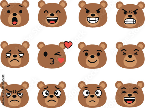 Set of cute brown teddy bear emoticons with diverse facial expressions including happy angry sad surprised winking and laughing for social media.
