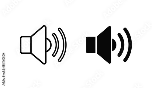 Black and white speaker icons with sound waves on a pure