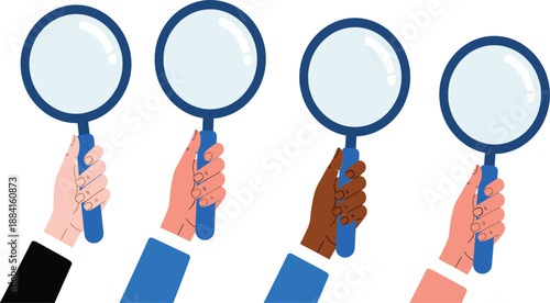 Set of diverse hands holding magnifying glasses for search discovery investigation research analysis and finding solutions in a flat vector illustration.
