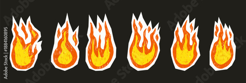 Fire flames collage paper cutouts icons. Pastel or crayon pencil texture grill shapes. Doodle flames vector illustration set with rough texture, scrapbook graphics. Stickers hot bonfire elements.