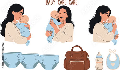 Set of loving mother holding her newborn baby with infant care accessories including diapers, feeding bottle, bib, and diaper bag.