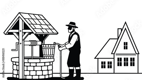 A man in a hat is drawing water from a well near a house