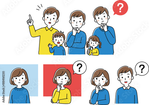 Set of people character illustrations expressing various emotions like confusion and curiosity while asking questions and finding creative solutions for business problems.
