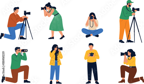 Set of diverse professional and amateur photographers with cameras and tripods capturing photos in various poses and positions for media and creative projects.