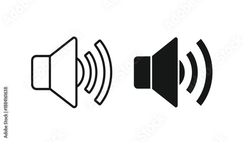 Black and white speaker icons with sound waves on a pure